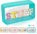 Iqimott Clear Patch Makeup Bag Stuff Pouch, Preppy Personalized Chenille Letter Cosmetic Pouch for Travel, Nylon Waterproof Organizer Travel Essentials Zipper Toiletry Bags for Women Girls(Green)