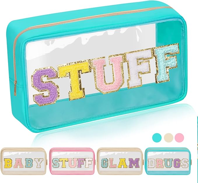 Iqimott Clear Patch Makeup Bag Stuff Pouch, Preppy Personalized Chenille Letter Cosmetic Pouch for Travel, Nylon Waterproof Organizer Travel Essentials Zipper Toiletry Bags for Women Girls(Green)