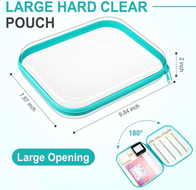 Sanwuta 6 Pcs Clear Hard Zipper Case Hard Plastic Zipper Pouches Makeup Bag Pencil Pouches Transparent Cases for Snacks Plastic Storage Organizer Box for Travel(Teal,9.84 x 7.87 x 2 Inch)