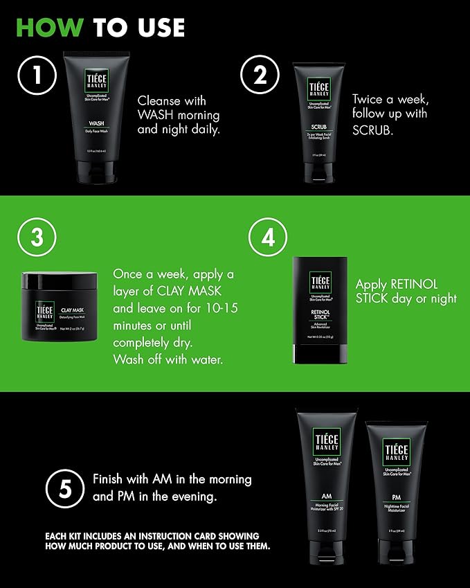 Tiege Hanley 90 Day Large Skin Care Set for Men, Anti Aging Routine, System Level 3, Daily Face Wash, Facial Scrub, Two Moisturizers, Eye Cream, & Serum for Healthy Skin, Men’s Skin Care, 6 Piece Kit