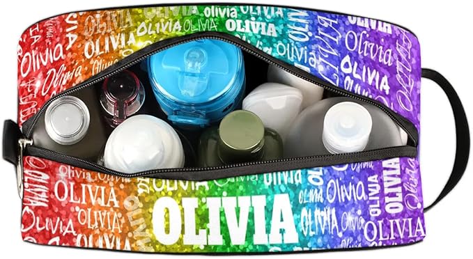 Personalized Name Toiletry Bag, Large Travel Cosmetic Bag Portable Makeup Organizer Bag for Women Bathroom Shower Essentials, Red Green Purple Sequins