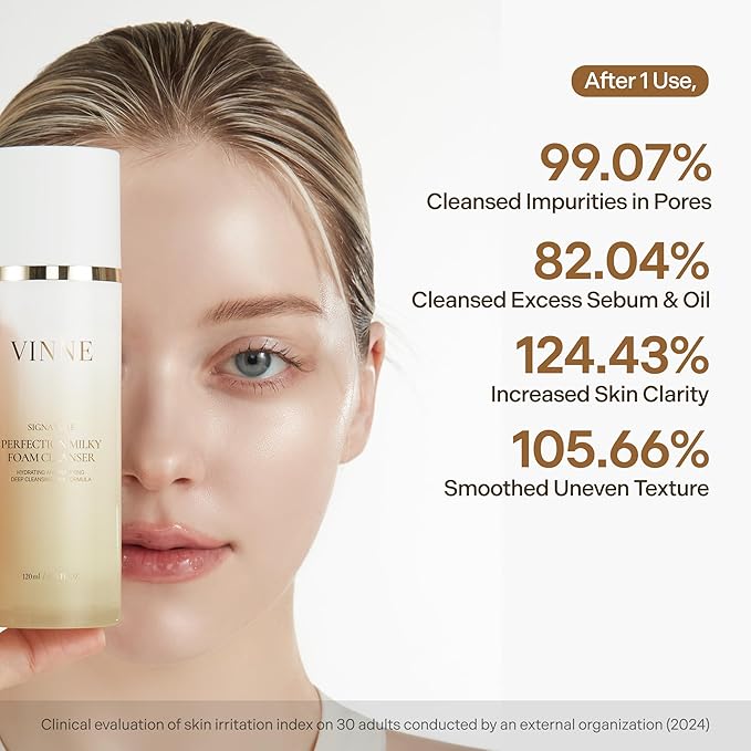 VINNE Signature Milky Foam Cleanser – 3-Step Milk-Oil-Foam Korean Facial Cleanser w/LHA+PHA & 17 Active Ingredients – Oil & Water-Based Dual-Action Face Wash (4.05 fl. oz)