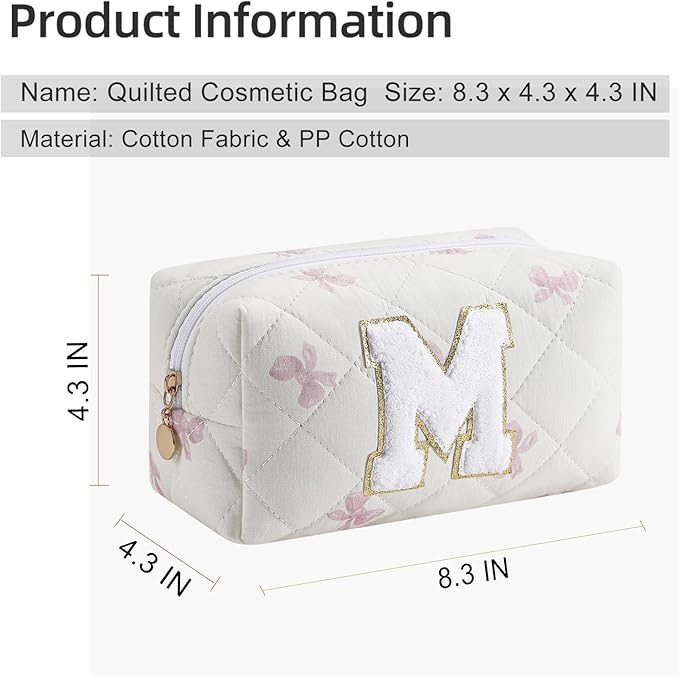 Gleyemor Personalized Initial Makeup Bag for Women, Cute Quilted Pink Floral Cotton Cosmetic Bag, Christmas Gifts for Her Mom Friend Sister Bridesmaid Teacher Women M