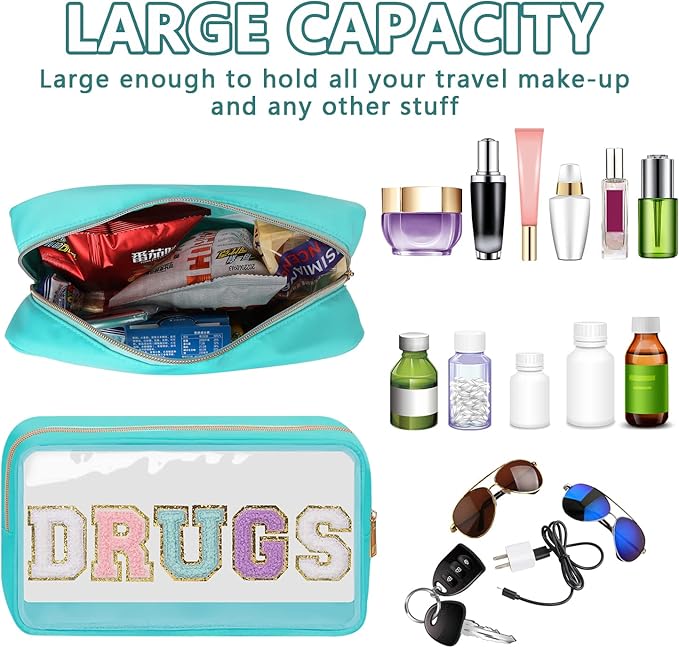 Iqimott Clear Patch Makeup Bag Drugs Pouch, Preppy Personalized Chenille Letter Cosmetic Pouch for Travel, Nylon Waterproof Organizer Travel Essentials Zipper Toiletry Bags for Women Girls(Green)