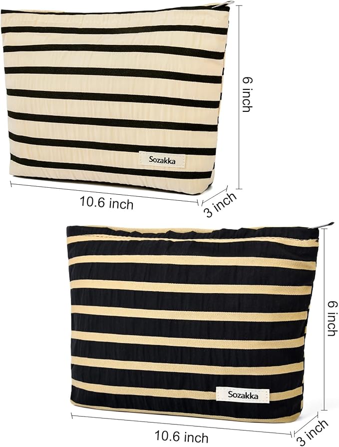 SOIDRAM 2 Pieces Makeup Bag Large Stripe Cosmetic Bag Capacity Canvas Travel Toiletry Bag Organizer Cute Makeup Brushes Aesthetic Accessories Storage Bag for Women, Stripe L Black White