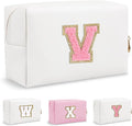 Personalized Initial Preppy Patch Makeup Bag, Travel Toiletry Zipper Pouch Cute White Cosmetic Organizer Small Makeup Bag for Purse, PU Chenille Letter Make Up Bags Gift for Women Girl Mom(Letter V)