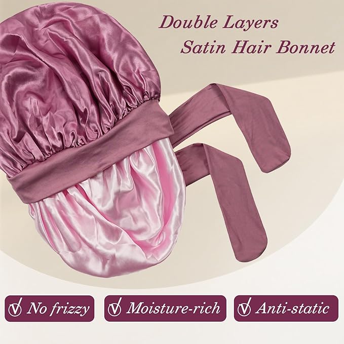 Satin Hair Bonnet for Sleeping Women, Double Layer Silk Bonnets for Women with Tie Band, for Braids Curly Long Hair