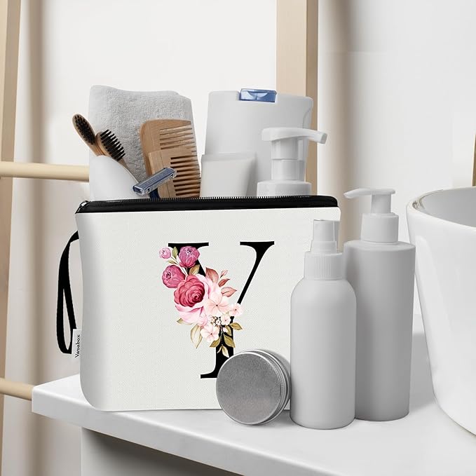 Vavabox A-Z Personalized Makeup Bag, Birthday Gifts for Women Mom, Gifts for Best Friend, Bride Bridesmaid Cosmetic bag (Y, 03-White Set)