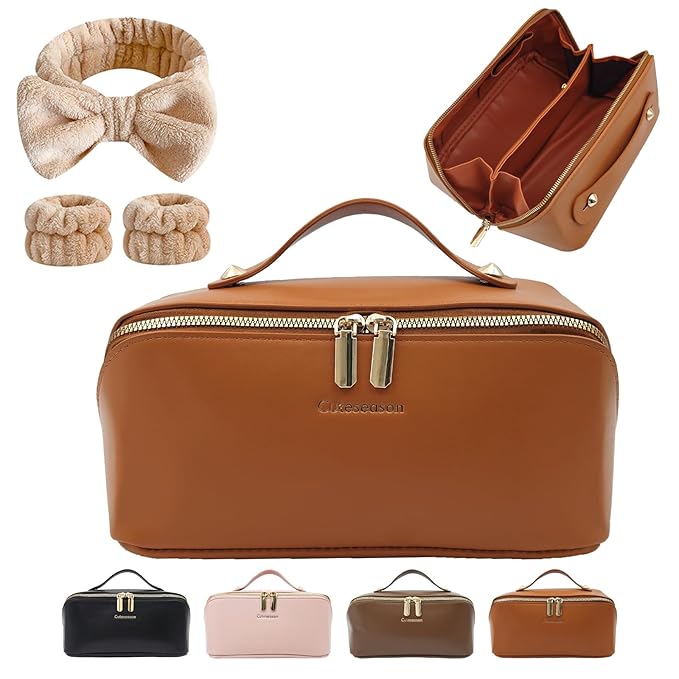 Makeup Bag, Travel Toiletry Bag for Women, Large Capacity Waterproof Plain Pattern PU Leather Cosmetic Bags Make Up Organizer Bags with Headband and Wristband Set (Light Brown)