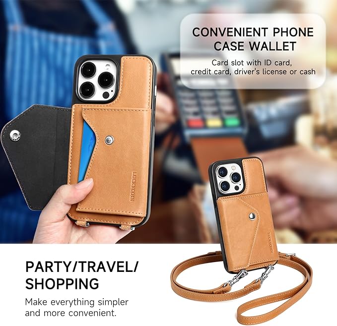 LUCKYCOIN Crossbody Wallet Phone Case for iPhone 14 Pro,100% Genuine Leather Wallet Phone Case with Expandable Flip Card Holder,Phone Purse for Women with Adjustable Removable Strap - Tan