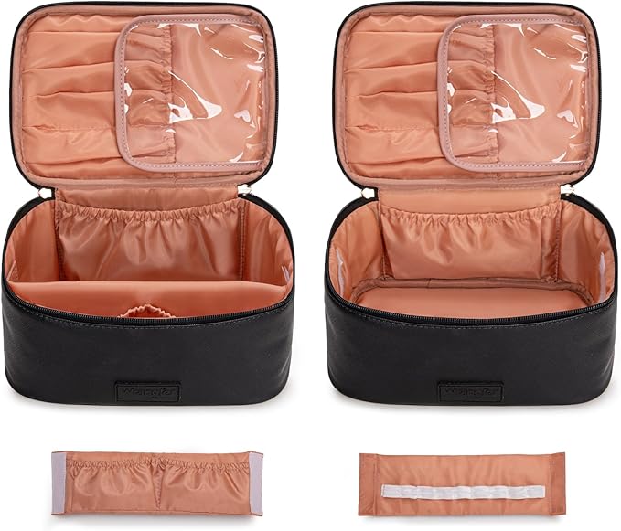 Montana West X Wrangler Travel Makeup Bag 2pcs Set Large Cosmetic Bag with Makeup Brush Holder Portable Make Up Organizer Cute Toiletry Bag with Divider and Handle for Women Black