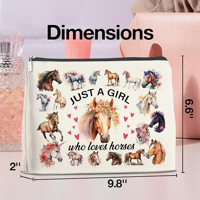 Horses Gifts Makeup Bag Funny Horse Lover Gifts for Girl Women Cowgirl Cosmetic Bag Just a Girl Who Loves Horses Zipper Makeup Pouch Gift