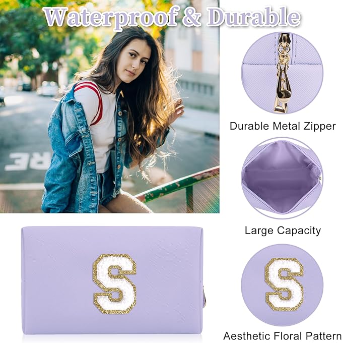 Personalized Initial Letter Patch Makeup Bag, Preppy Small Chenille Letter Cosmetic Bag with Zipper, PU Leather Waterproof Travel Toiletry Bag Monogram Make Up Pouch for Women Girls(Letter S)