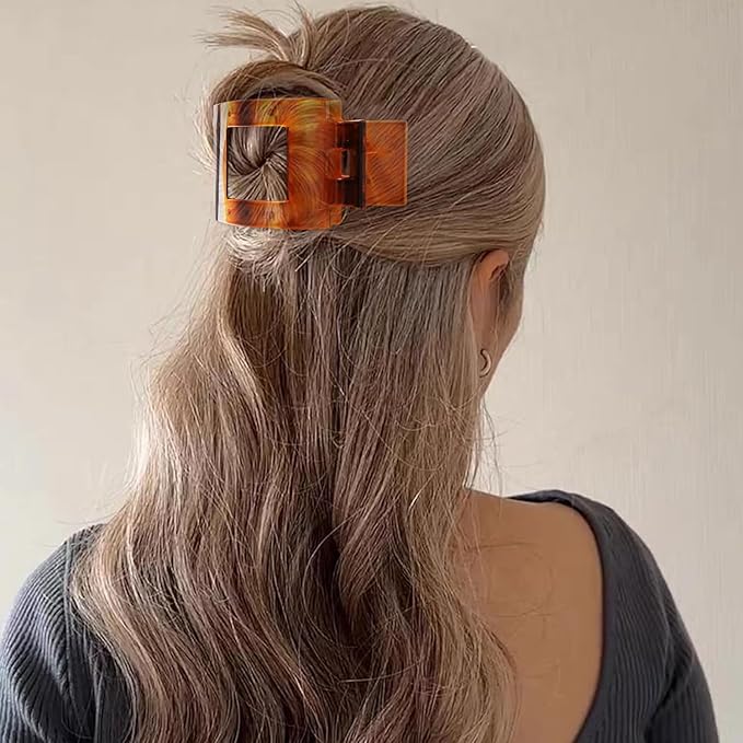 Velscrun Flat Hair Clips for Women Girls, Amber Tortoise Color Lay Flat Claw Clips, Strong Hold Large Hair Clip for Thick Hair, French Duck Billed Hair Jaw Claw Clip, Non Slip Grip for Daily Styling
