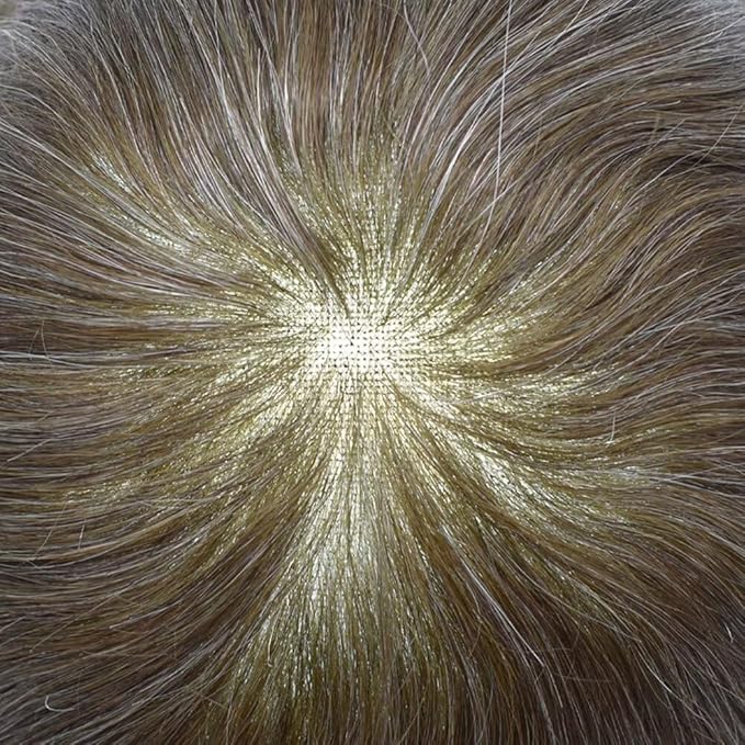 Mens Toupee Human Hair Piece French Lace Toupee for Man Hair System Indian Human Hair Replacement Systems V-Looped PU Front Hairpieces 7"X9" #630 Light Brown with 30% Gray