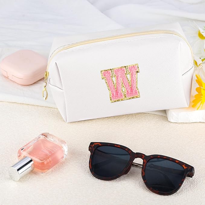 Initial Makeup Bag Personalized Preppy Travel Small Cosmetic Bag Cute PU White Chenille Letter Makeup Pouch for Purse Waterproof Zippered Toiletry Organizer for Women Girls Kids Friends (W)