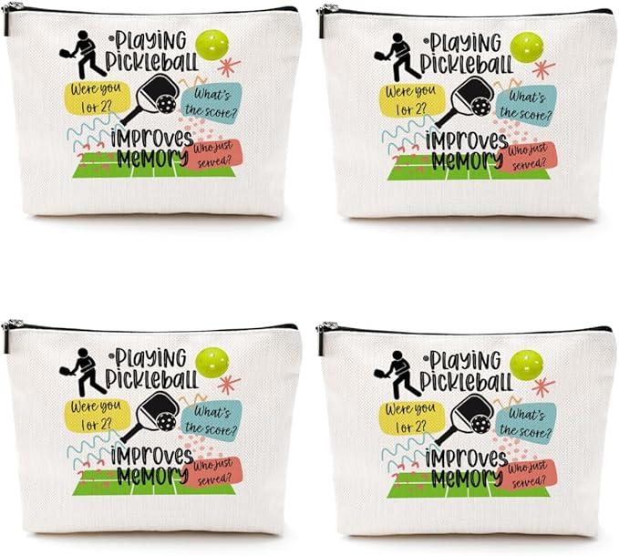 4pcs Pickleball Gifts Makeup Bag, Ball Player Cosmetic Bag Ball Lover with Zipper Pouch Accessories Pickleball Lover Gifts for Women Girls Mom Fans Player Friendship Travel Cosmetic Pouch