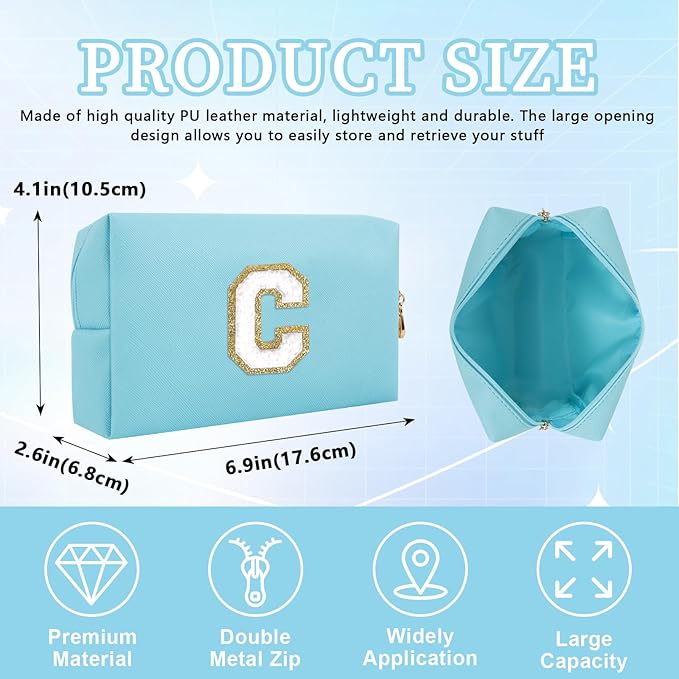 Personalized Initial Letter Patch Makeup Bag, Preppy Portable Chenille Letter Cosmetic Bag with Zipper, PU Leather Waterproof Travel Toiletry Bag Monogram Make Up Pouch for Women Girls