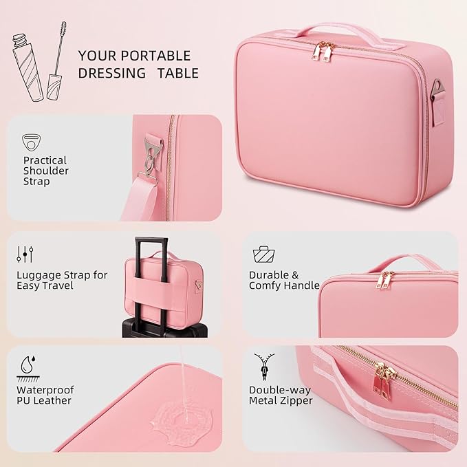 Upgraded Large Travel Makeup Bag with LED Mirror, 15” Professional Makeup Case with 3 Color Modes Dimming Lighted Mirror, Light up Cosmetic Make up Organizer with PU Leather Cover, Adjustable Dividers