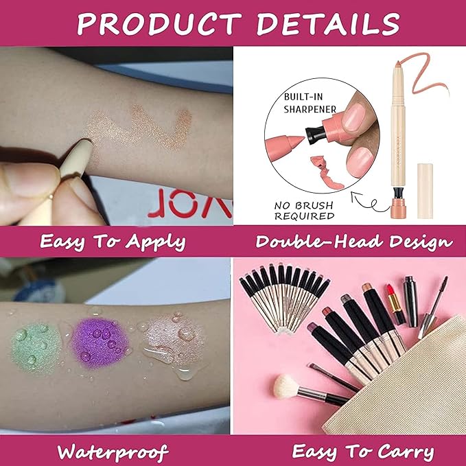 Eyeshadow Makeup, Waterproof Hypoallergenic Long Lasting Eye Liner, Highlighter Matte Cream Eye Shadow Stick, Glitter Primer Palette Shimmer Eyeliner Pen, Cocoa Matte