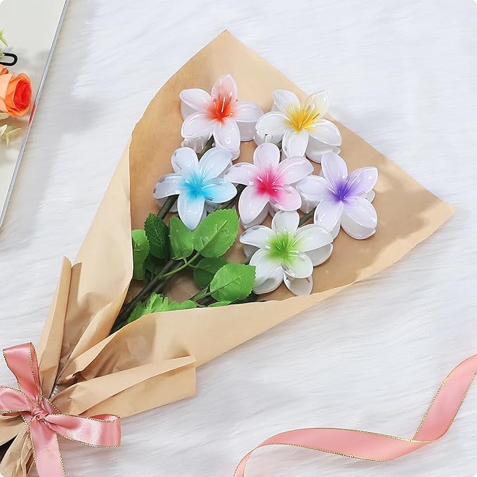 Flower Hair Clips 6 PCS Hawaiian Claw Clips for Vacation Hibiscus Hair Claw Clips Cute Large Hair Clips for Thick and Thin Hair Plumeria Hair Accessories for Women Girls -White Colorful