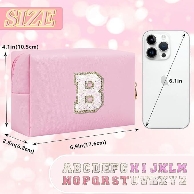 Personalized Initial Makeup Bag, Preppy Glitter Letter Patch Cosmetic Pouch, PU Waterproof Travel Toiletry Bag, Cute Makeup Organizer, Monogrammed Gift for Women Girls (Letter B)