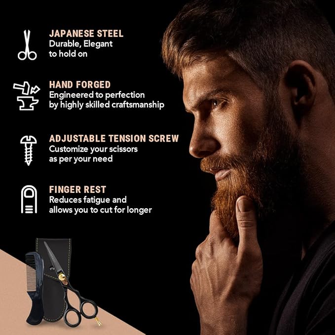 Premium Hand Forged Japanese Steel Hair Beard Mustache Scissors Cut Trim Groom Facial Hair Bangs (Black - 5.5")