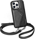 LUCKYCOIN Crossbody Wallet Phone Case for iPhone 15 Pro,100% Genuine Leather Wallet Phone Case with Expandable Flip Card Holder,Phone Purse for Women with Adjustable Removable Strap - Pebble Black