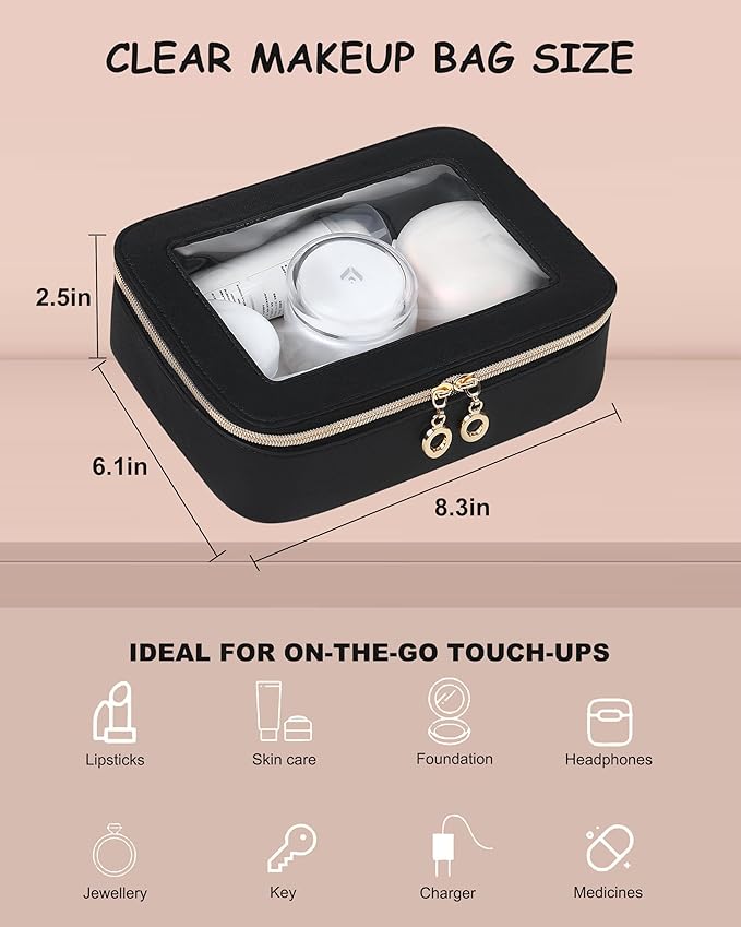 Clear Makeup Bags Case with Zipper, Heavy Duty Travel Cosmetic Case Toiletry Bag for Traveling, Tsa Approved Transparent Make Up Storage Bags, Portable Car Organizer Bag (Black,M)