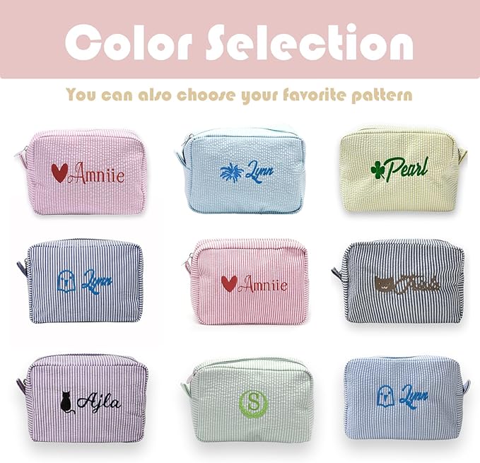 Custom Makeup Bag Personalized Cosmetic Bag Cute Seersucker Travel Toiletry Bag for Women Embroidered Bag Organizer for Bride Makeup Bag Gift Darkblue