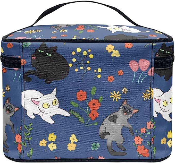 JoyLamoria Cat Floral Portable Cosmetic Bag Cute Makeup Case Zipper Closure