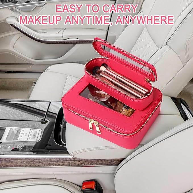 Pinkmik Travel Clear Makeup Bag with Brush Case TSA Approved Toiletry Bag Waterproof Cosmetic Organizer with Zipper Car Essential for Women (X/Fuxia, M+SLIM)