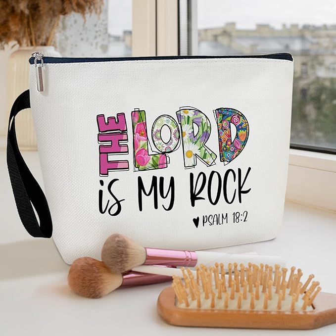 Christian Cosmetic Bag for Women Accessories Organizer, Religious Gifts Bible Verses Gifts for Women Coworker, Travel Essentials Purse Toiletry Pouch Cosmetic Bag with Zipper (THE LORD IS MY ROCK)