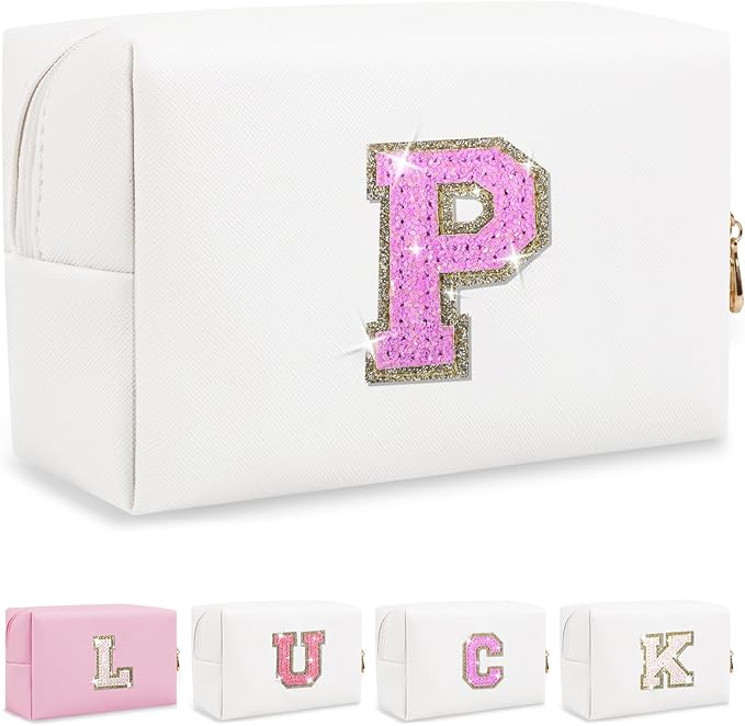 Personalized Initial Makeup Bag, Small Preppy Glitter Letter Cosmetic Pouch PU Waterproof Zipper Travel Toiletry Bag, Unique Letter Patch Makeup Organizer Gift for Women Teen Girls