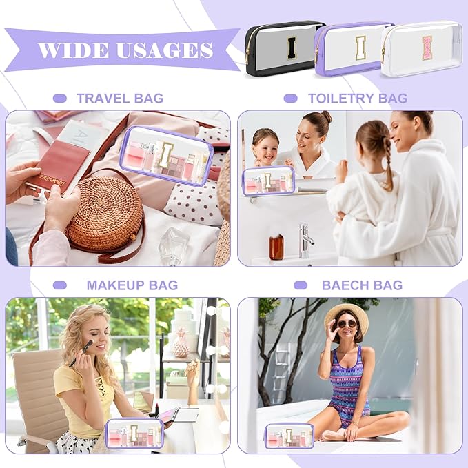 Personalized Initial Letter Clear Makeup Bag,Preppy Small Nylon&PVC Cosmetic Zipper Bag with Chenille Letter,Travel Skincare Toiletry Bag,Monogram Christmas Gift for Teen Girls Women,I