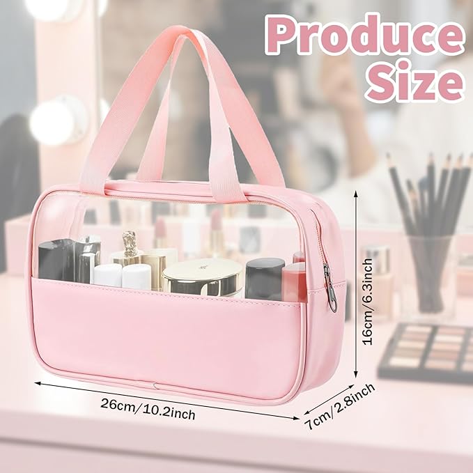 12 Pcs Translucent Make up Bag 10.2 x 6.3 x 2.8 Inches Waterproof Toiletry Organizer with Hanging Handles Portable Cosmetic Travel Bag Carry Pouch for Women and Men Travel Storage (Pink)