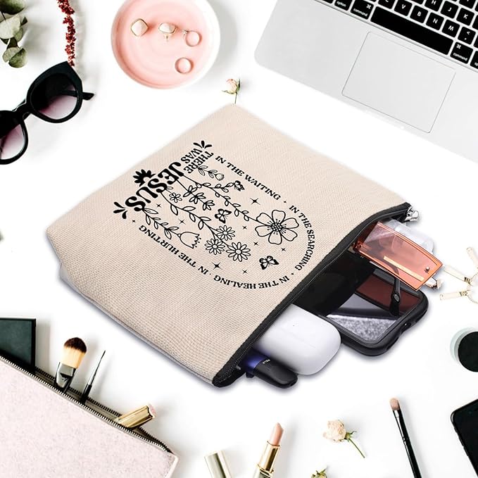 Boho Floral Christian Makeup Bag, Christian Gifts for Women, Bible Stuff Prayer Supplies, There Was Jesus Cosmetic Bag Pouch