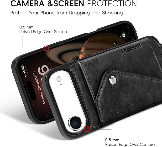 LUCKYCOIN Crossbody Wallet Phone Case for iPhone Air,100% Genuine Leather Wallet Phone Case with Expandable Flip Card Holder,Phone Purse for Women with Adjustable Removable Strap - Black