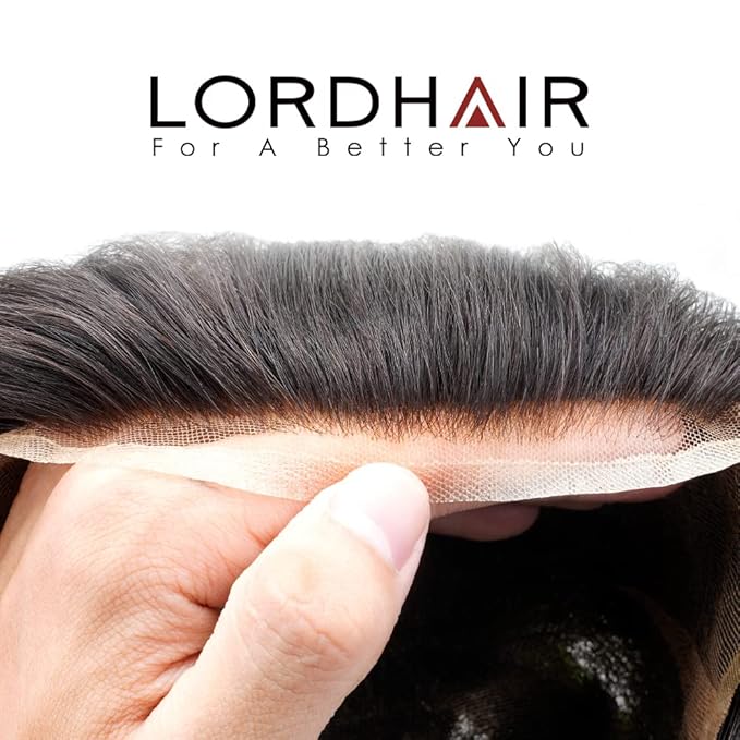 Lordhair Toupee for Men European human hair Full French Lace Hairpieces，Base Size 8x10 inch Hair Replacement System for Men Natural Hairline Human Hair Wig #1B Off Black