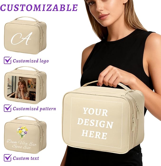 Custom Makeup Bag, Personalized Travel Toiletry Bag,Portable Cosmetic Bag with Elastic Straps,Makeup Organizer with Adjustable Dividers,Christmas and Wedding Gifts for Friend and Bridesmaid.