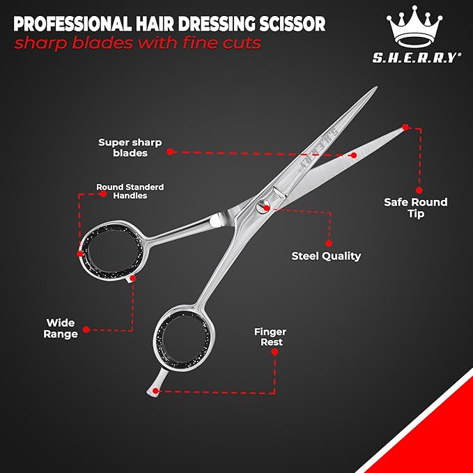 Professional Barber Shears 6.5” – High Carbon Stainless Steel Hair Cutting Scissors with Razor Sharp Edge for Salon & Home Use by S.H.E.R.R.Y (silver, 6.5)