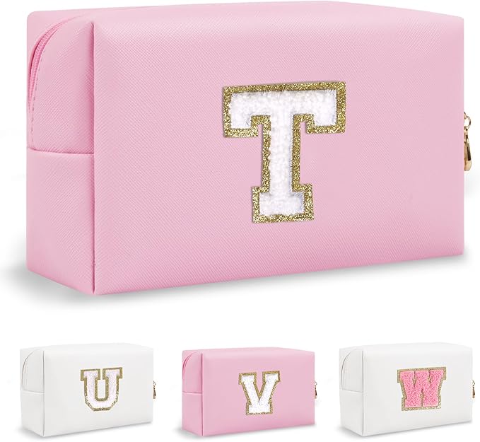 Personalized Small Travel Preppy Makeup Bag, Chenille Letter Pink Cute Makeup Bag Initial Cosmetic Pouch Toiletry Organizer, PU Leather Waterproof Makeup Storage Teacher Appreciation Gifts(Letter T)