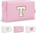 Personalized Small Travel Preppy Makeup Bag, Chenille Letter Pink Cute Makeup Bag Initial Cosmetic Pouch Toiletry Organizer, PU Leather Waterproof Makeup Storage Teacher Appreciation Gifts(Letter T)