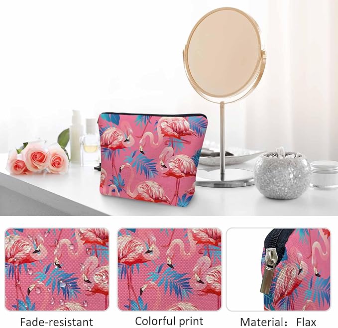 Flamingo Makeup Bag For Women, Adorable Cosmetic Pouch With Tropical Leaves Palms Pattern, Pink Zipper Travel Toiletry Organizer For Gym and Bathroom