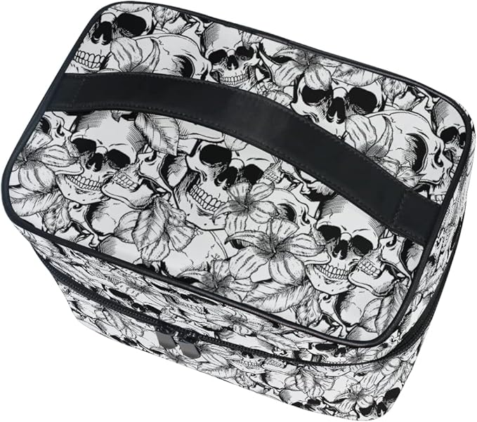 Goth Skull Makeup Bag, Gothic Skull Flowers Makeup Organizer Bags Toiletry Bag Box Travel Cosmetic Bag Make Up Train Case for Women Teen Girl Ladies