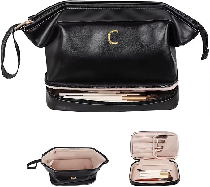 Gifts for Friends Female Mom, Initial Makeup Bag, Personalized Double Layer Cosmetic Bag with Makeup Brush Organizer, Waterproof, Large Capacity PU Leather Travel Toiletry Bag, Gift for Wife