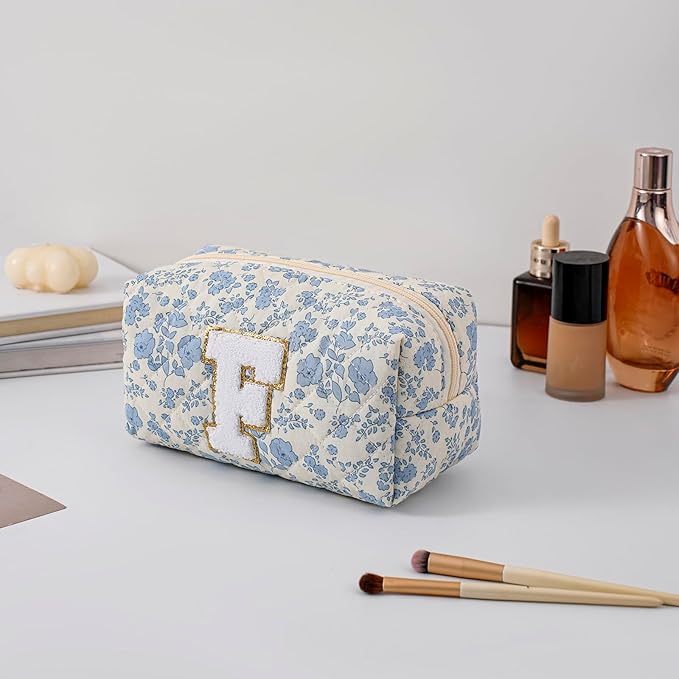Gleyemor Personalized Initial Makeup Bag for Women, Cute Quilted Blue Floral Cotton Cosmetic Bag, Christmas Gifts for Her Mom Friend Sister Bridesmaid Teacher Women F