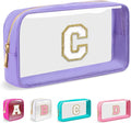 Small Clear Personalized Initial Makeup Bag,Nylon Preppy A-Z Chenille Letter Patch Cosmetic Pouch Beach Toiletry Bag,Waterproof Zip Travel Purse Storage Bag Organizer for Women Girls(Purple-White C)