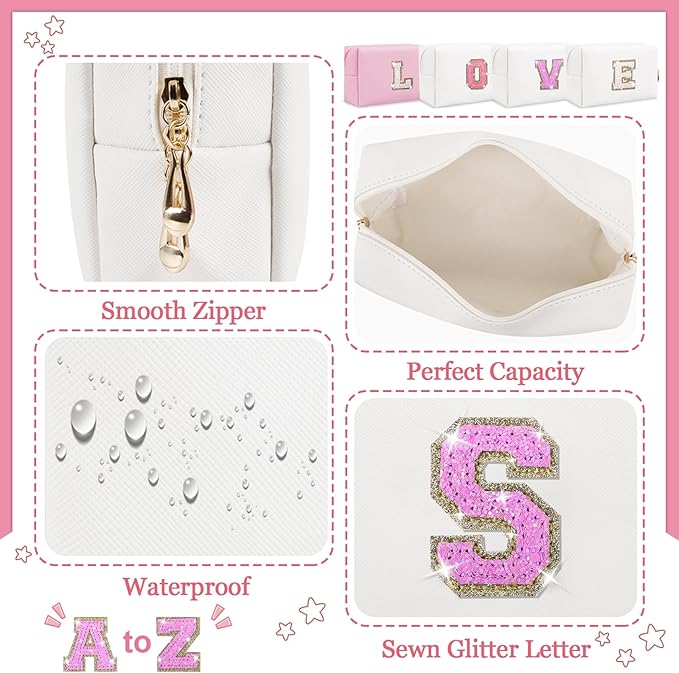 Personalized Initial Letter Makeup Bag, Small Glitter Letter Patch Cosmetic Pouch Zipper, Preppy Makeup Organizer PU Waterproof Travel Toiletry Bag, Monogrammed Birthday Gift for Women Girls