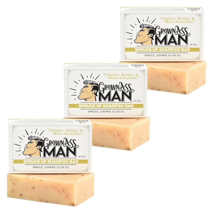 Grown Ass Man Co. - Solid Shampoo Bar Rich Lather 3 in 1: Hair, Beard & Body Wash - Plastic Free & Eco-Friendly, Natural & Organic for All Hair Types, 4oz Bar (Spruce Up, 3-Pack)
